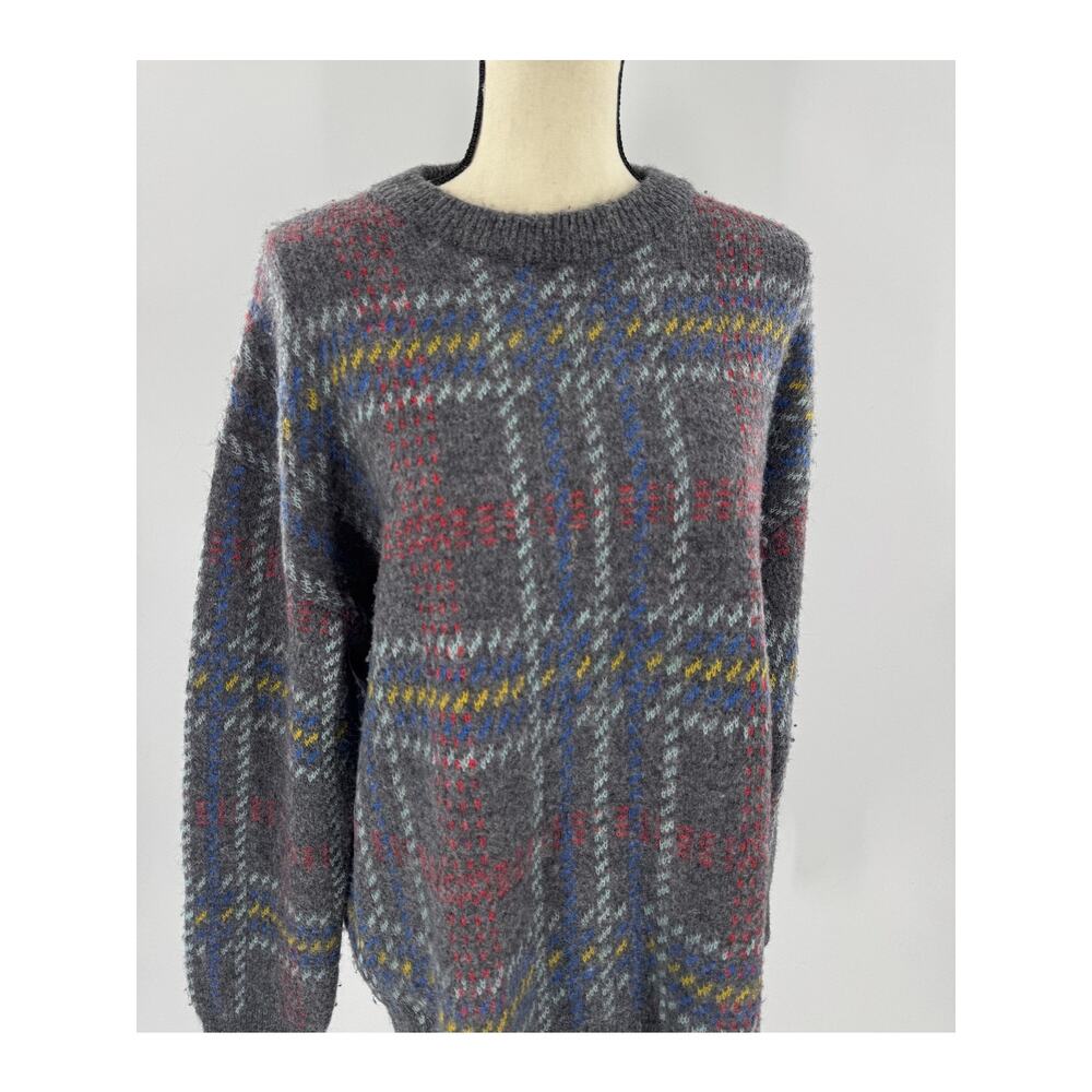 RE/DONE 90's Oversized Crewneck Gray Plaid Wool Sweater Large